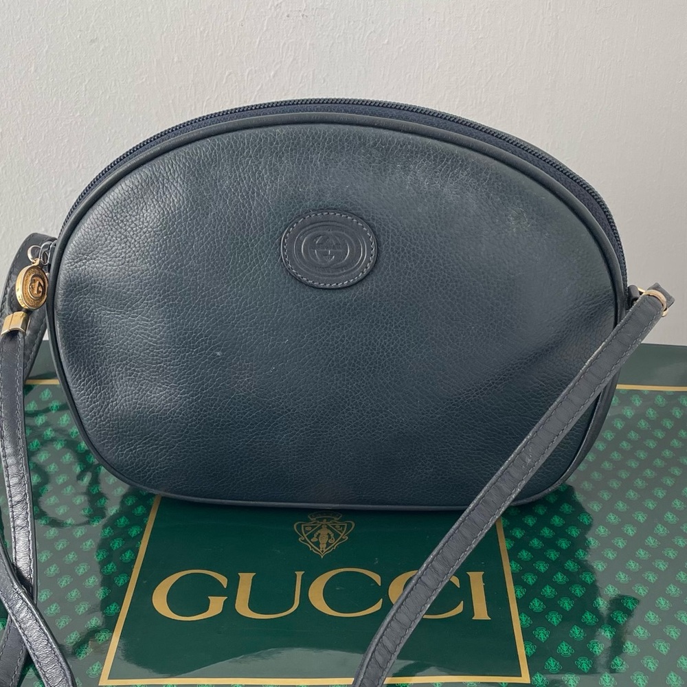 Vintage Gucci GG Leather Crossbody Bag Navy